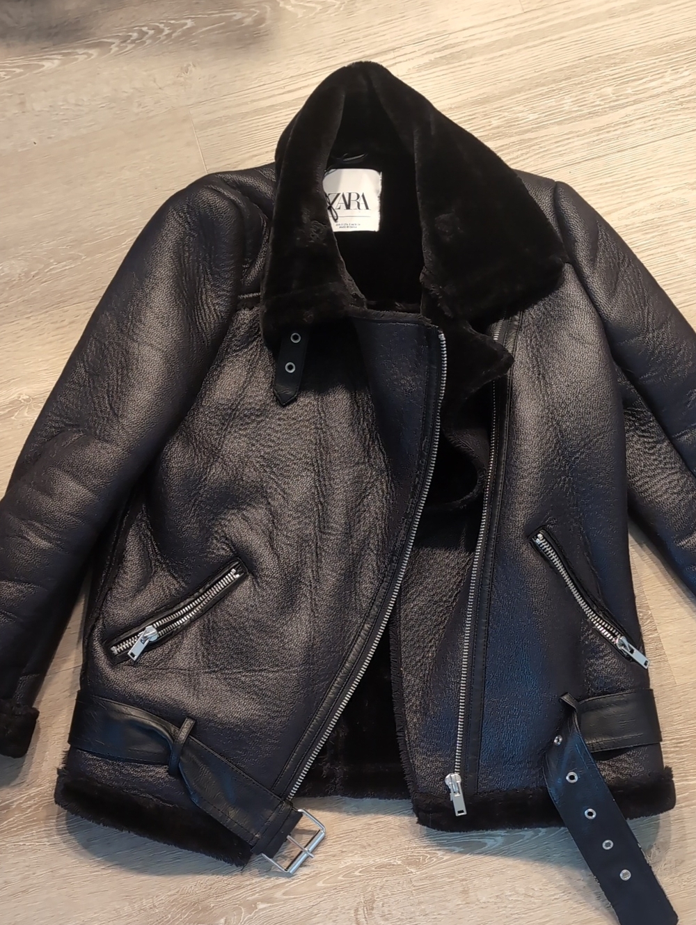 Zara Black Faux Shearling Biker Jacket